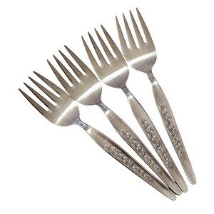 4 Elden Vintage Flower Salad Fork Stainless 6" Rose Midcentury Colonial EDL5